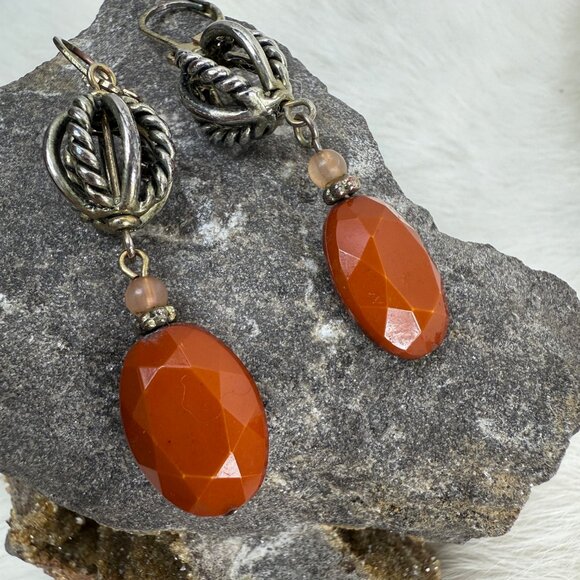 Silver Tone Ball w/ Brown Bead Dangle & Drop Pierced Earrings - Picture 3 of 9